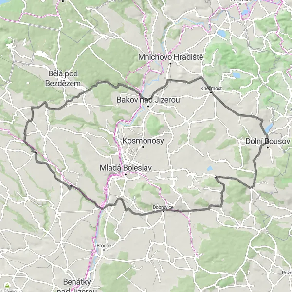 Mapa miniatúra "Trasa dolů ze Žerčice" cyklistická inšpirácia v Střední Čechy, Czech Republic. Vygenerované cyklistickým plánovačom trás Tarmacs.app