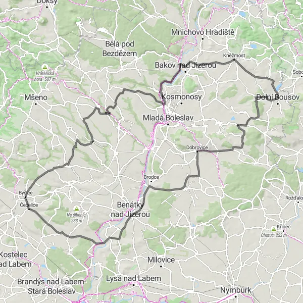 Miniaturní mapa "Road cyklotrasa kolem Benátek nad Jizerou" inspirace pro cyklisty v oblasti Střední Čechy, Czech Republic. Vytvořeno pomocí plánovače tras Tarmacs.app