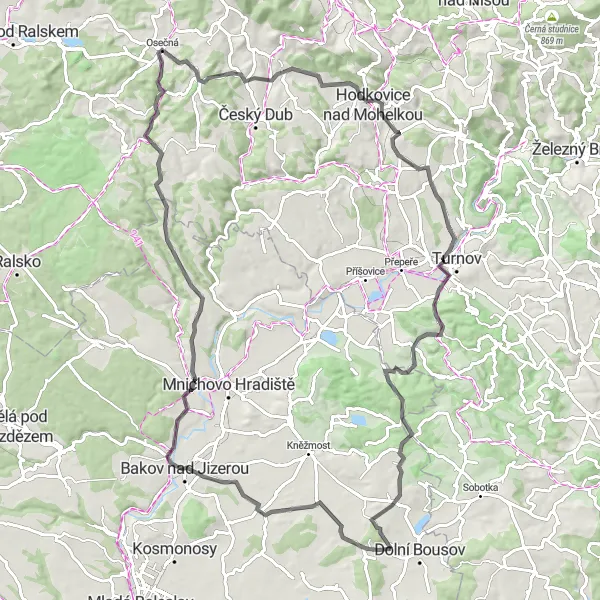 Miniaturní mapa "Road cyklotrasa skrze okolí Žhrozenecka" inspirace pro cyklisty v oblasti Střední Čechy, Czech Republic. Vytvořeno pomocí plánovače tras Tarmacs.app