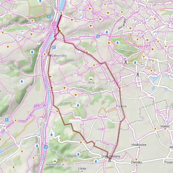 Mapa miniatúra "Gravel Route Modřany - Vávrova vyhlídka" cyklistická inšpirácia v Střední Čechy, Czech Republic. Vygenerované cyklistickým plánovačom trás Tarmacs.app