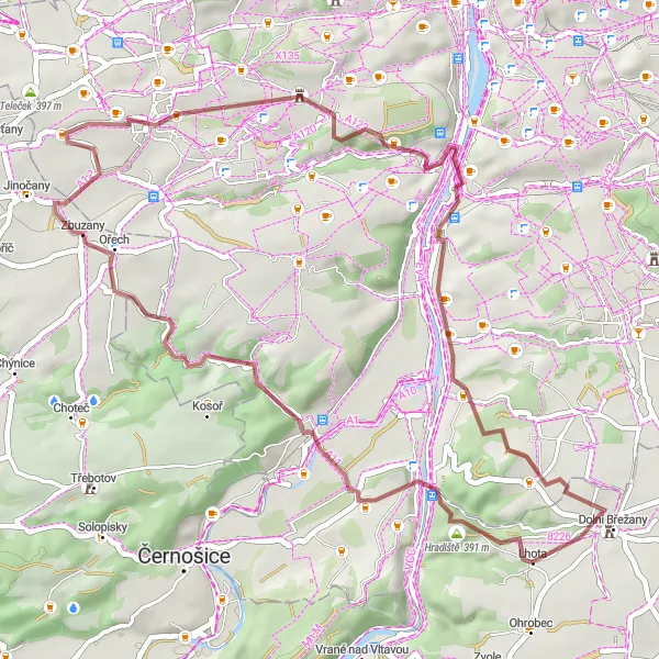 Mapa miniatúra "Gravelová výprava okolo Dolních Břežan" cyklistická inšpirácia v Střední Čechy, Czech Republic. Vygenerované cyklistickým plánovačom trás Tarmacs.app