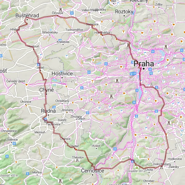 Mapa miniatúra "Gravel Route Hradiště - Dolní Břežany" cyklistická inšpirácia v Střední Čechy, Czech Republic. Vygenerované cyklistickým plánovačom trás Tarmacs.app