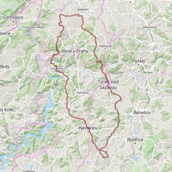 Mapa miniatúra "Gravel Route Dolní Břežany - Libeň" cyklistická inšpirácia v Střední Čechy, Czech Republic. Vygenerované cyklistickým plánovačom trás Tarmacs.app