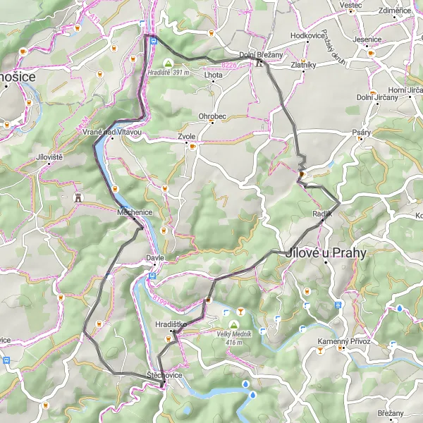 Mapa miniatúra "Road Route Dolní Břežany - Hradiště" cyklistická inšpirácia v Střední Čechy, Czech Republic. Vygenerované cyklistickým plánovačom trás Tarmacs.app