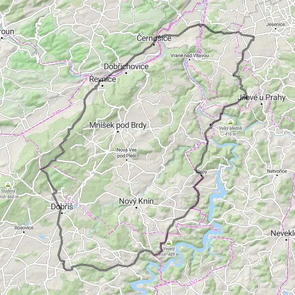 Miniatura mapy "Trasa Okrouhlo-Dolní Břežany" - trasy rowerowej w Střední Čechy, Czech Republic. Wygenerowane przez planer tras rowerowych Tarmacs.app