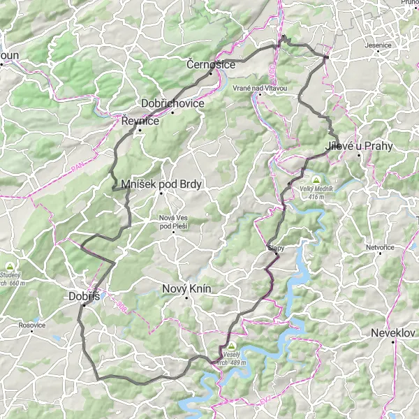 Karten-Miniaturansicht der Radinspiration "Epische Tour um Dolní Břežany" in Střední Čechy, Czech Republic. Erstellt vom Tarmacs.app-Routenplaner für Radtouren