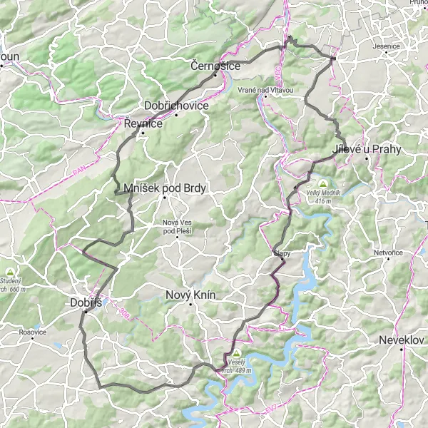 Mapa miniatúra "Výlet po Středních Čechách" cyklistická inšpirácia v Střední Čechy, Czech Republic. Vygenerované cyklistickým plánovačom trás Tarmacs.app