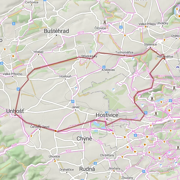 Miniaturní mapa "Trasa kolem Horoměřic" inspirace pro cyklisty v oblasti Střední Čechy, Czech Republic. Vytvořeno pomocí plánovače tras Tarmacs.app