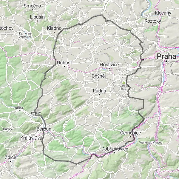 Miniaturní mapa "Okružní cesta kolem Horoměřic" inspirace pro cyklisty v oblasti Střední Čechy, Czech Republic. Vytvořeno pomocí plánovače tras Tarmacs.app