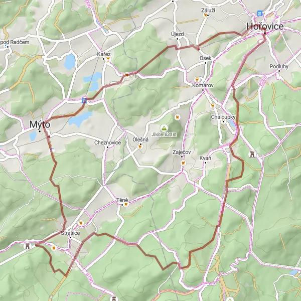 Map miniature of "Hořovice to Kařízská hora Gravel Cycling Route" cycling inspiration in Střední Čechy, Czech Republic. Generated by Tarmacs.app cycling route planner