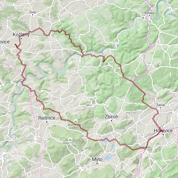 Mapa miniatúra "Gravelová trasa cez Křešín" cyklistická inšpirácia v Střední Čechy, Czech Republic. Vygenerované cyklistickým plánovačom trás Tarmacs.app