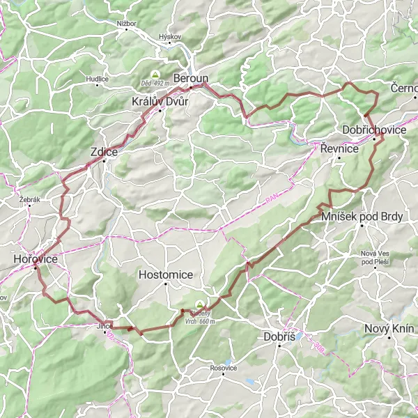 Mapa miniatúra "Gravelová trasa cez Zdice" cyklistická inšpirácia v Střední Čechy, Czech Republic. Vygenerované cyklistickým plánovačom trás Tarmacs.app