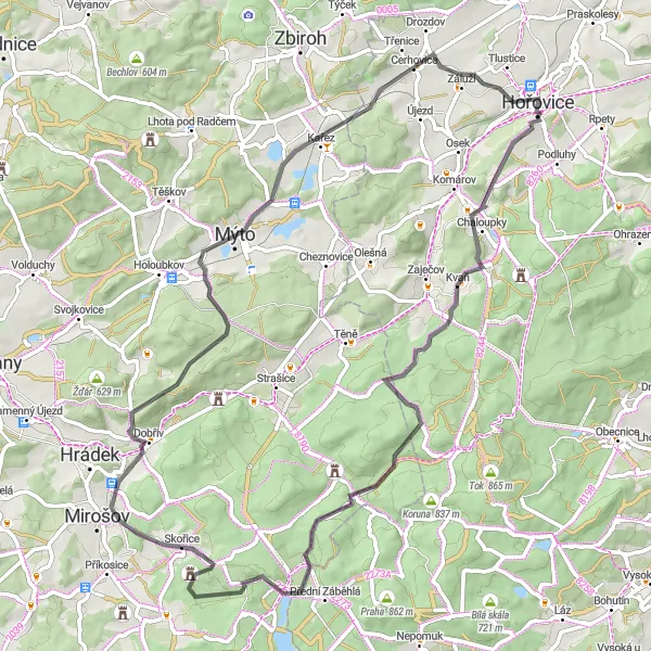 Mapa miniatúra "Cyklotúra okolo Palcířa a Cerhovíc" cyklistická inšpirácia v Střední Čechy, Czech Republic. Vygenerované cyklistickým plánovačom trás Tarmacs.app