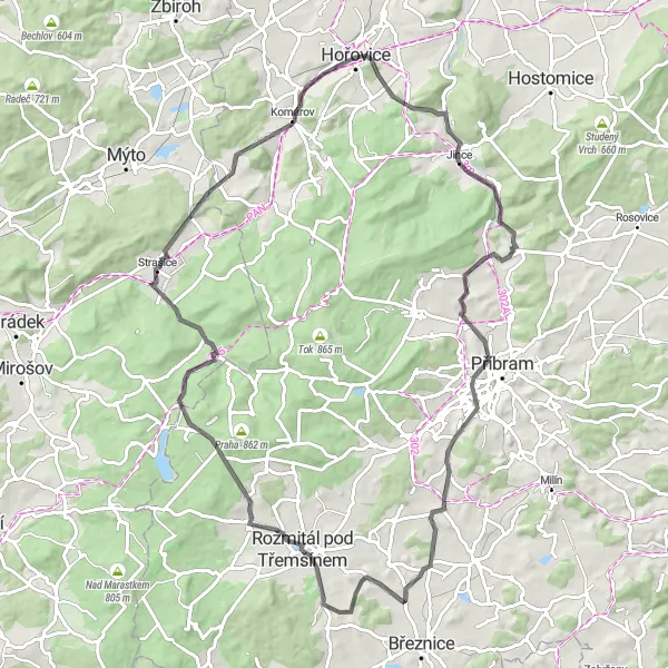 Mapa miniatúra "Cyklotúra okolo Strašice" cyklistická inšpirácia v Střední Čechy, Czech Republic. Vygenerované cyklistickým plánovačom trás Tarmacs.app