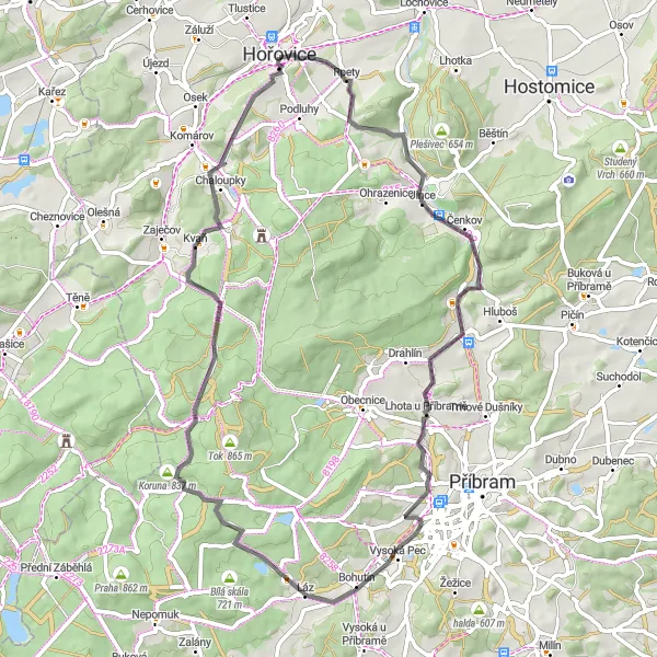 Map miniature of "Hořovice Road Adventure" cycling inspiration in Střední Čechy, Czech Republic. Generated by Tarmacs.app cycling route planner