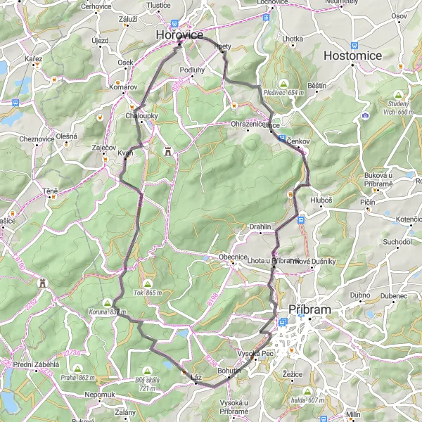 Mapa miniatúra "Cyklotúra cez Lhotu u Příbramě" cyklistická inšpirácia v Střední Čechy, Czech Republic. Vygenerované cyklistickým plánovačom trás Tarmacs.app