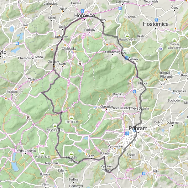 Map miniature of "Journey through Střední Čechy" cycling inspiration in Střední Čechy, Czech Republic. Generated by Tarmacs.app cycling route planner