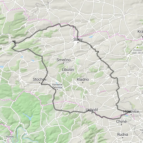 Miniatura mapy "Przejażdżka szosowa do Střední Čechy" - trasy rowerowej w Střední Čechy, Czech Republic. Wygenerowane przez planer tras rowerowych Tarmacs.app