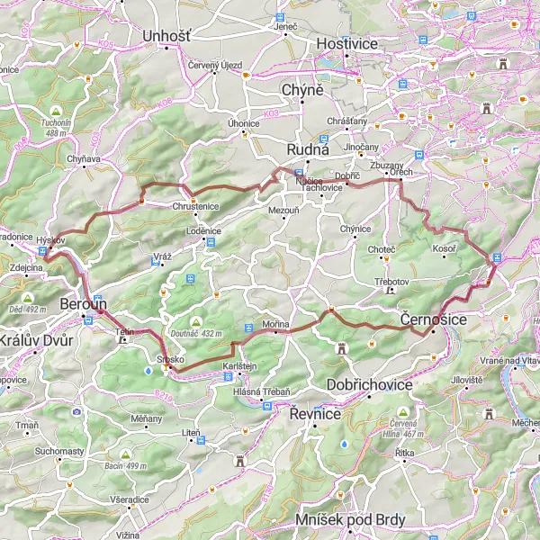 Mapa miniatúra "Okruh skrz malebnou krajinu Středních Čech" cyklistická inšpirácia v Střední Čechy, Czech Republic. Vygenerované cyklistickým plánovačom trás Tarmacs.app