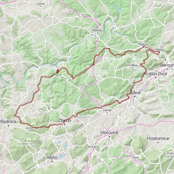 Mapa miniatúra "Gravelová okružná trasa Trubín" cyklistická inšpirácia v Střední Čechy, Czech Republic. Vygenerované cyklistickým plánovačom trás Tarmacs.app