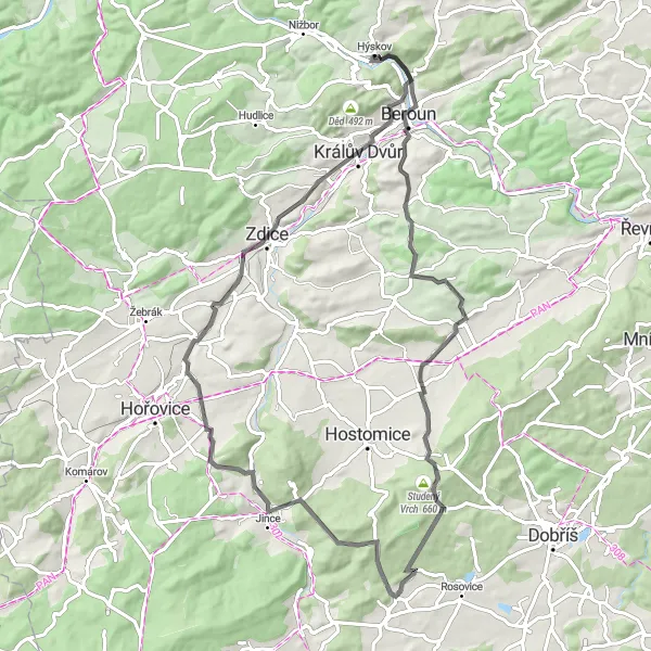 Mapa miniatúra "Panoramatický okruh kolem Hýskova" cyklistická inšpirácia v Střední Čechy, Czech Republic. Vygenerované cyklistickým plánovačom trás Tarmacs.app