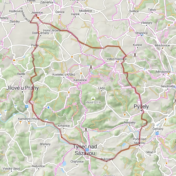 Map miniature of "Cycling through the Gravel Trails of Jesenice" cycling inspiration in Střední Čechy, Czech Republic. Generated by Tarmacs.app cycling route planner