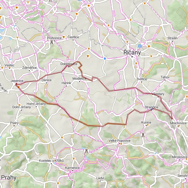 Mapa miniatúra "Gravel Tour to Jesenice" cyklistická inšpirácia v Střední Čechy, Czech Republic. Vygenerované cyklistickým plánovačom trás Tarmacs.app