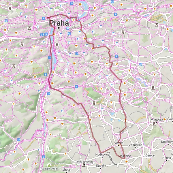 Miniaturní mapa "Gravelová trasa Jesenice" inspirace pro cyklisty v oblasti Střední Čechy, Czech Republic. Vytvořeno pomocí plánovače tras Tarmacs.app