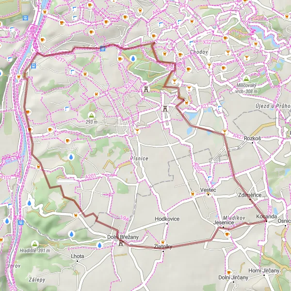 Miniaturní mapa "Gravelový výlet kolem Dolních Břežan a Braníku" inspirace pro cyklisty v oblasti Střední Čechy, Czech Republic. Vytvořeno pomocí plánovače tras Tarmacs.app
