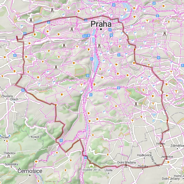 Mapa miniatúra "Gravelový okruh Jesenice - Šeberov" cyklistická inšpirácia v Střední Čechy, Czech Republic. Vygenerované cyklistickým plánovačom trás Tarmacs.app