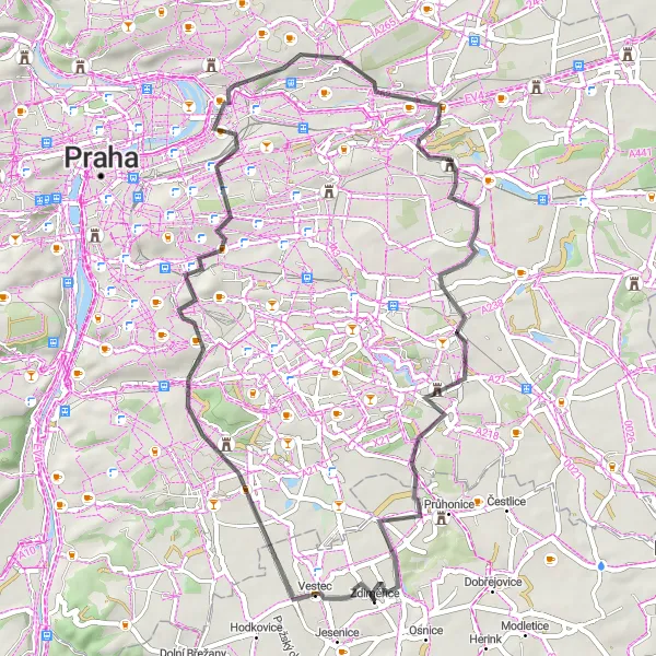 Miniaturní mapa "Okruh kolem Jesenice" inspirace pro cyklisty v oblasti Střední Čechy, Czech Republic. Vytvořeno pomocí plánovače tras Tarmacs.app