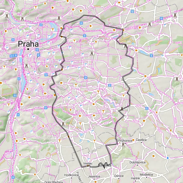 Mapa miniatúra "Okruh Jesenice - Petrovická navážka" cyklistická inšpirácia v Střední Čechy, Czech Republic. Vygenerované cyklistickým plánovačom trás Tarmacs.app