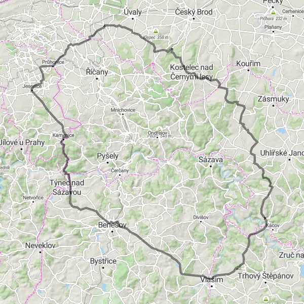 Miniatura mapy "Przejazd z Průhonice do Horní Jirčany" - trasy rowerowej w Střední Čechy, Czech Republic. Wygenerowane przez planer tras rowerowych Tarmacs.app