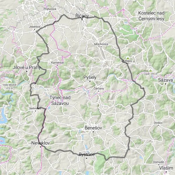 Mapa miniatúra "Cesta Kocanda" cyklistická inšpirácia v Střední Čechy, Czech Republic. Vygenerované cyklistickým plánovačom trás Tarmacs.app