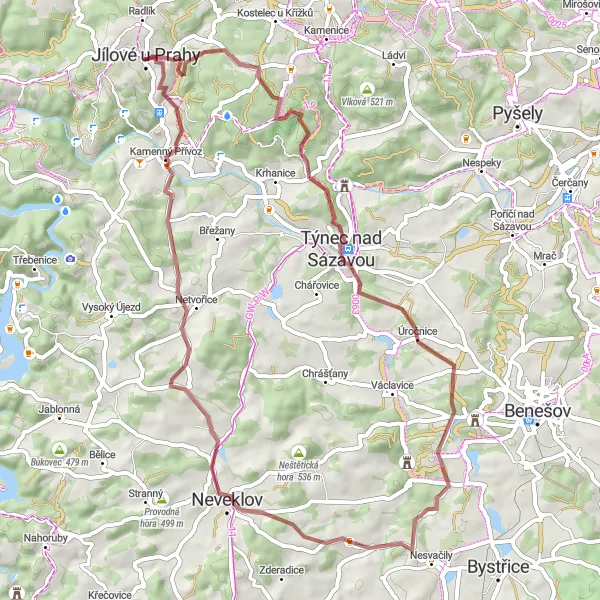 Mapa miniatúra "Gravelový okruh kolem Úročnic a Jílového u Prahy" cyklistická inšpirácia v Střední Čechy, Czech Republic. Vygenerované cyklistickým plánovačom trás Tarmacs.app