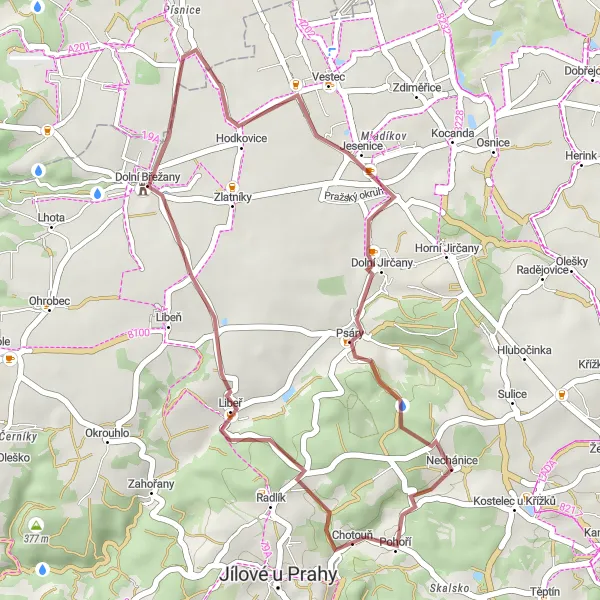 Mapa miniatúra "Gravel Adventure to Dolní Břežany" cyklistická inšpirácia v Střední Čechy, Czech Republic. Vygenerované cyklistickým plánovačom trás Tarmacs.app