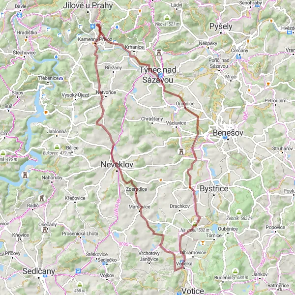 Miniaturní mapa "Gravel: Jílové - Říčany - Všeradice - Holý vrch - Týnec nad Sázavou - Na kopečku - Zahrádka - Nesvačily - U vsičky - V Hoře - V Chaloupkách - Bába - Žlíbky - Zderadice - Kamenný Přívoz - Kamenné žehrovice - Sedlec - Linhartice - Květnice - Pasovice - Kondrac - Pleš - Libeř - Jílové" inspirace pro cyklisty v oblasti Střední Čechy, Czech Republic. Vytvořeno pomocí plánovače tras Tarmacs.app