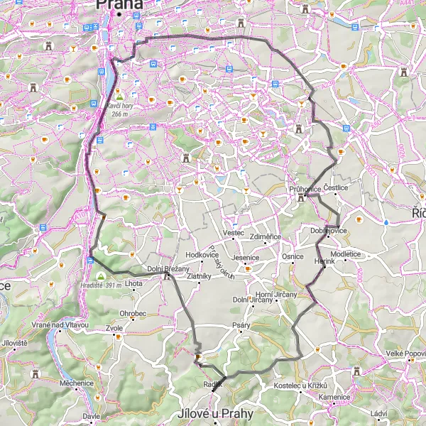 Karten-Miniaturansicht der Radinspiration "Panoramablick auf Průhonice" in Střední Čechy, Czech Republic. Erstellt vom Tarmacs.app-Routenplaner für Radtouren