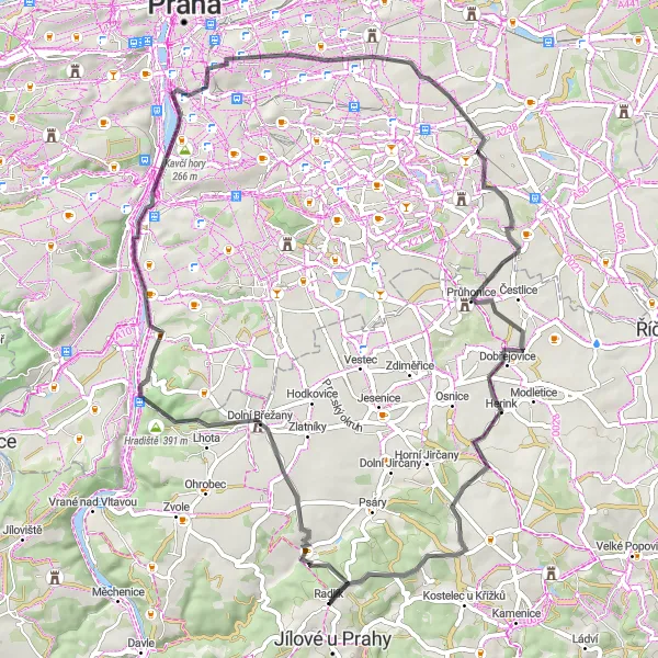 Miniaturní mapa "Okruh kolem Jílové u Prahy a okolí" inspirace pro cyklisty v oblasti Střední Čechy, Czech Republic. Vytvořeno pomocí plánovače tras Tarmacs.app