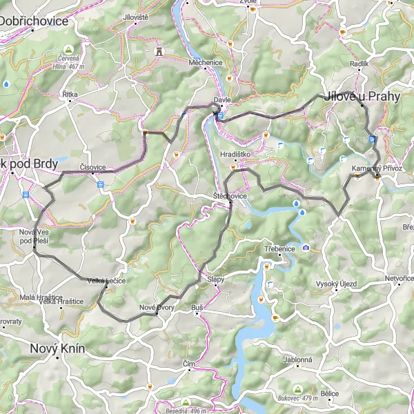 Map miniature of "Hostěradice Loop" cycling inspiration in Střední Čechy, Czech Republic. Generated by Tarmacs.app cycling route planner