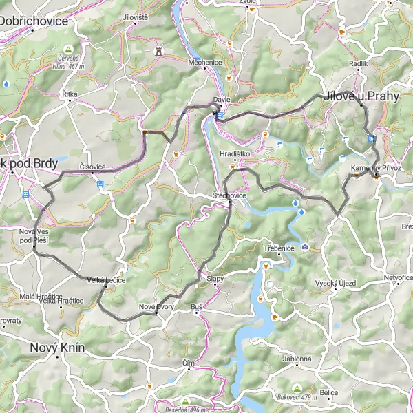 Miniaturní mapa "Cyklostezky okolo Jílového u Prahy" inspirace pro cyklisty v oblasti Střední Čechy, Czech Republic. Vytvořeno pomocí plánovače tras Tarmacs.app