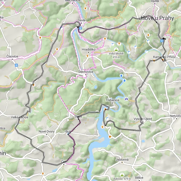 Mapa miniatúra "Scenic Road Trip to Petrov" cyklistická inšpirácia v Střední Čechy, Czech Republic. Vygenerované cyklistickým plánovačom trás Tarmacs.app