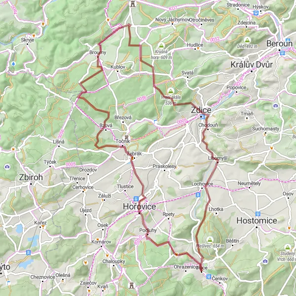 Miniatura mapy "Gravelowy szlak do Jince przez Křešín i Zdice" - trasy rowerowej w Střední Čechy, Czech Republic. Wygenerowane przez planer tras rowerowych Tarmacs.app