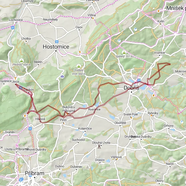 Miniaturní mapa "Přirozená cesta okolo Rosovic" inspirace pro cyklisty v oblasti Střední Čechy, Czech Republic. Vytvořeno pomocí plánovače tras Tarmacs.app