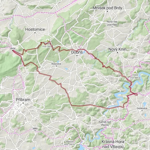 Miniaturní mapa "Gravel okruh přes Velkou babu a Starou Huť" inspirace pro cyklisty v oblasti Střední Čechy, Czech Republic. Vytvořeno pomocí plánovače tras Tarmacs.app