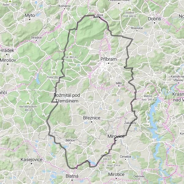 Map miniature of "Jince - Bezdědovice Epic Ride" cycling inspiration in Střední Čechy, Czech Republic. Generated by Tarmacs.app cycling route planner