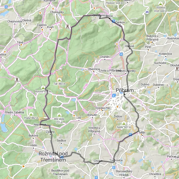 Map miniature of "Jince - Hluboš Loop" cycling inspiration in Střední Čechy, Czech Republic. Generated by Tarmacs.app cycling route planner