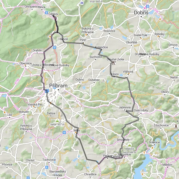 Miniaturní mapa "Kruhová cyklotrasa od Jince" inspirace pro cyklisty v oblasti Střední Čechy, Czech Republic. Vytvořeno pomocí plánovače tras Tarmacs.app