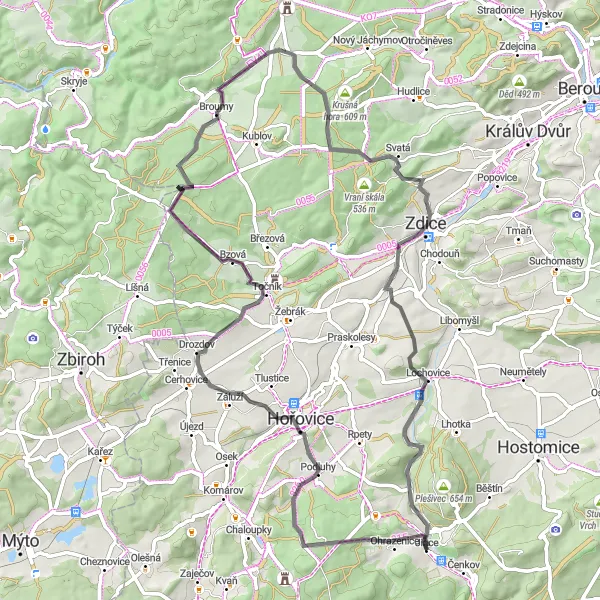 Map miniature of "Jince and Beyond" cycling inspiration in Střední Čechy, Czech Republic. Generated by Tarmacs.app cycling route planner