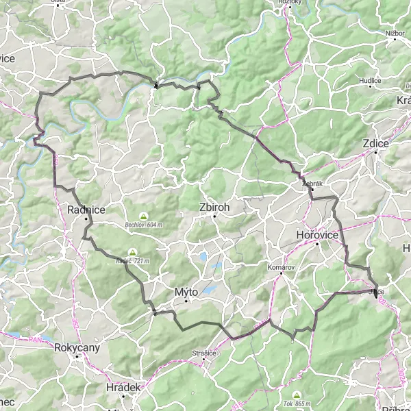 Miniaturní mapa "Vesnická cesta s výhledy" inspirace pro cyklisty v oblasti Střední Čechy, Czech Republic. Vytvořeno pomocí plánovače tras Tarmacs.app